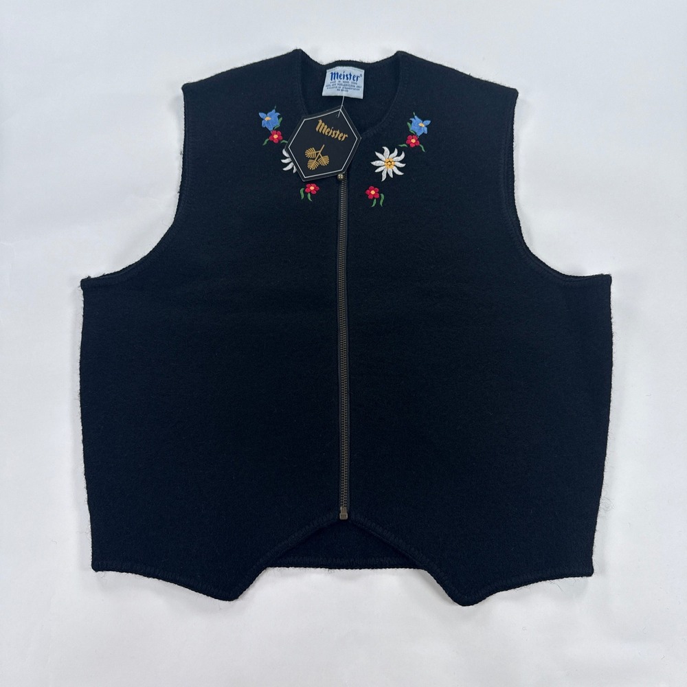 Meister Womens Vest L Black Wool Meadow Embroidered Alpine Vintage Cottagecore